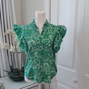 NWOT Olivaceous‎ Womens  Green/White/Blue Floral Print Ruffle Sleeve Blouse SM